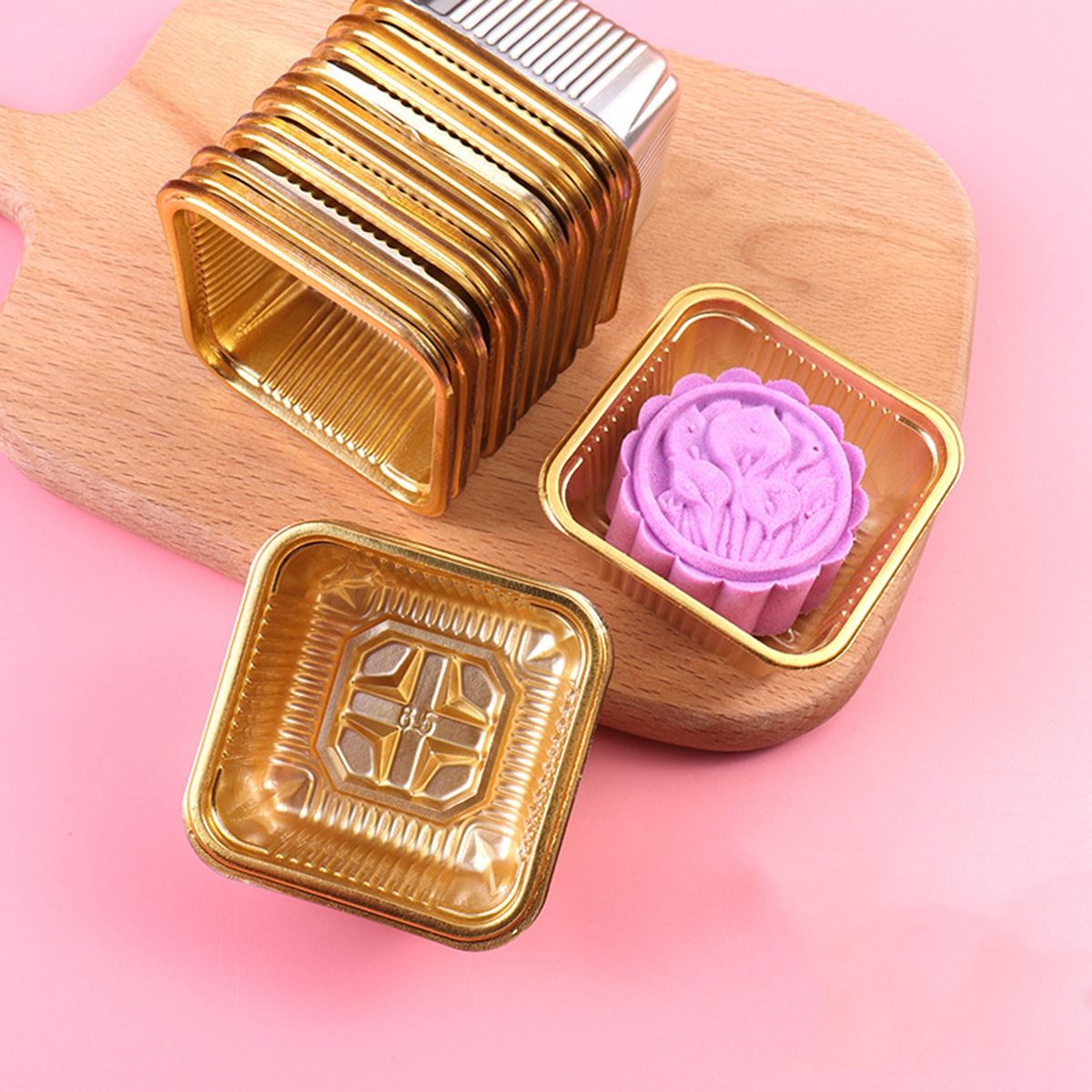 100Pcs Vierkante Maan Cake Trays Mooncake Verpakking Gebak Decoratieve Accessoires Gouden Plastic Taart Doos Voor Ei-Yolk bladerdeeg Dozen: gold S