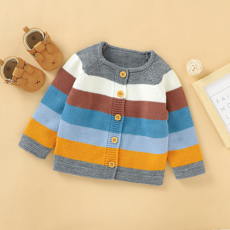 Cardigan tricoté pour petites filles, pull à rayures arc-en-ciel, col rond, manches longues, boutonnage simple, vêtements d'extérieur décontractés, automne: Black / 3M
