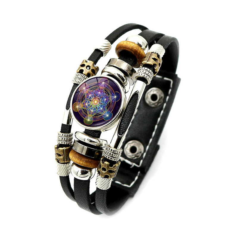 Mysterieuze Metatron Cube Vintage Armband Heilige Geometrie Bloem Van Leven Drukknoop Multilayer Punk Lederen Armband