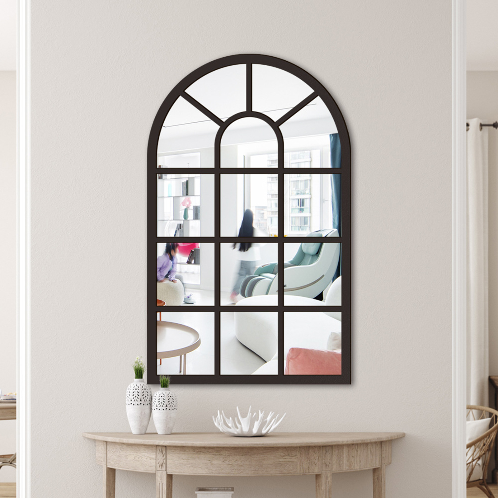 Arched Window Wall Mirror Wall Decorative Mirror Windowpane Arch Mirror for Bathroom Farmhouse Vanity Living Room Entryway