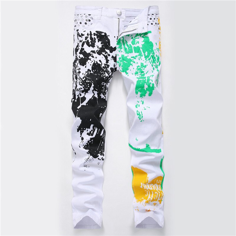 Men's 3D Pattern Slim Printed Jeans White Stretch Cotton Denim Pants Men Skinny Jeans plus size 28-42