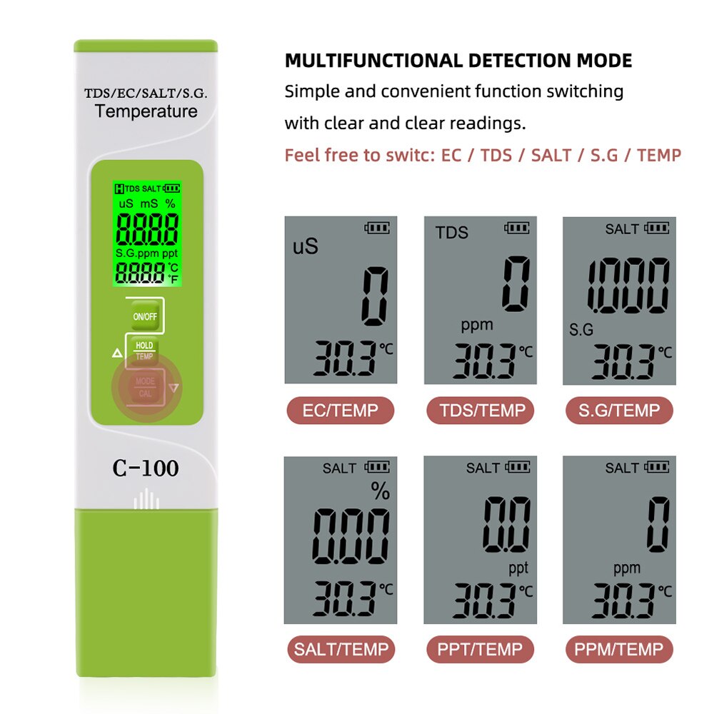 5 in 1 PH Meter TDS/EC/SALT/S.G./Temperature Meter Digital Water Monitor Tester for Pools Drinking Water Aquariums