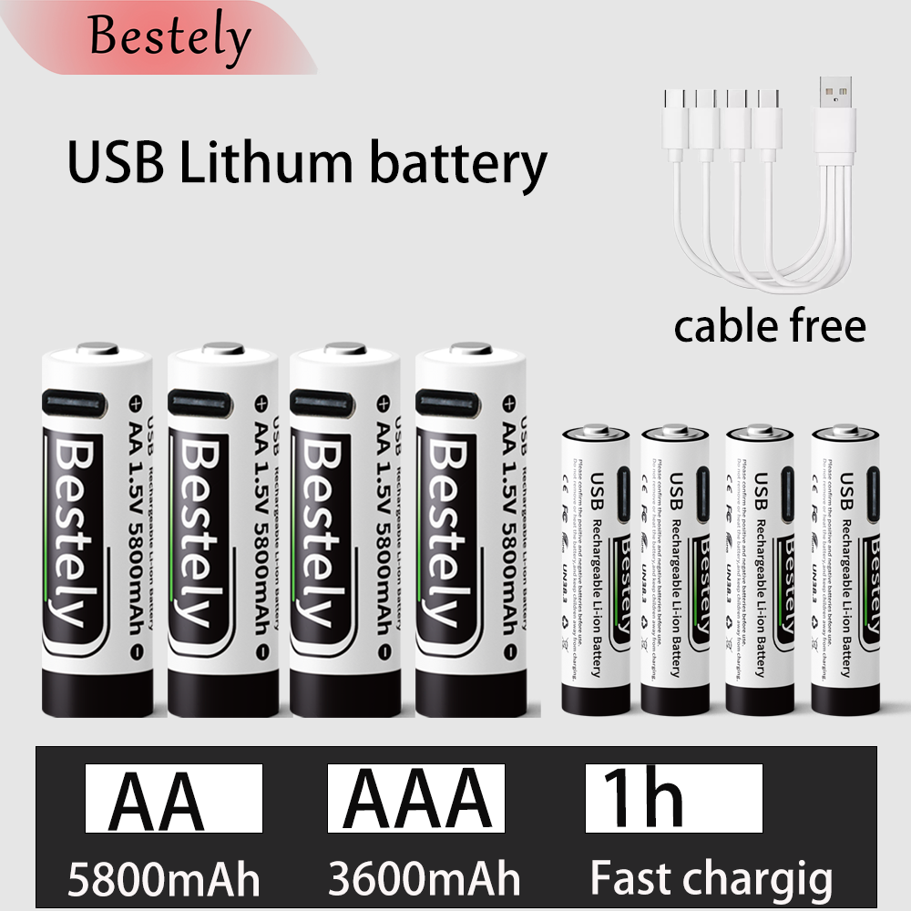 1.5V AA 5800mAh+AAA 3600mAh Lithium rechargeable Battery,USB Fast Charging Li-ion Battery , 2000 Cycles with USB- C Cable