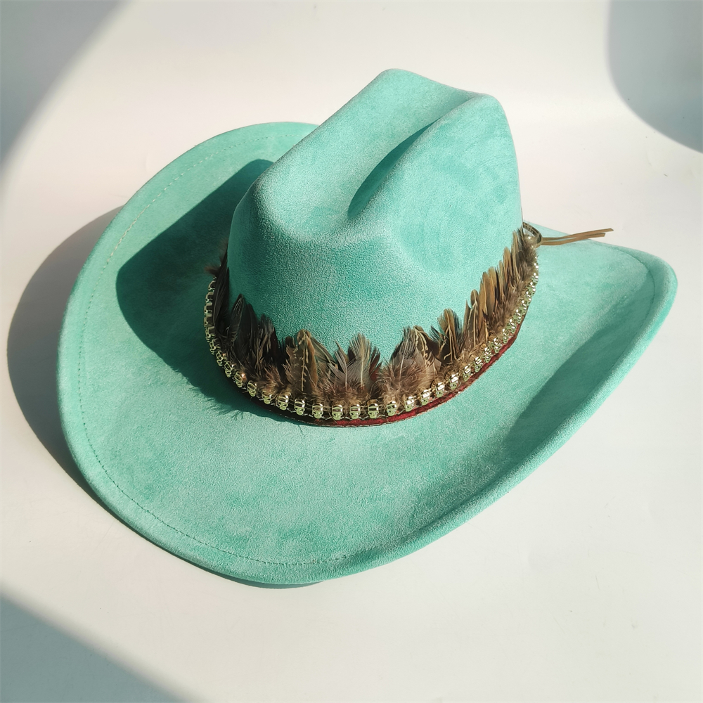 ethnic Vegan Suede Cowboy Hat wide brim feather Cowgirl hat party Western Cowboy hat Cattleman Style knight hat