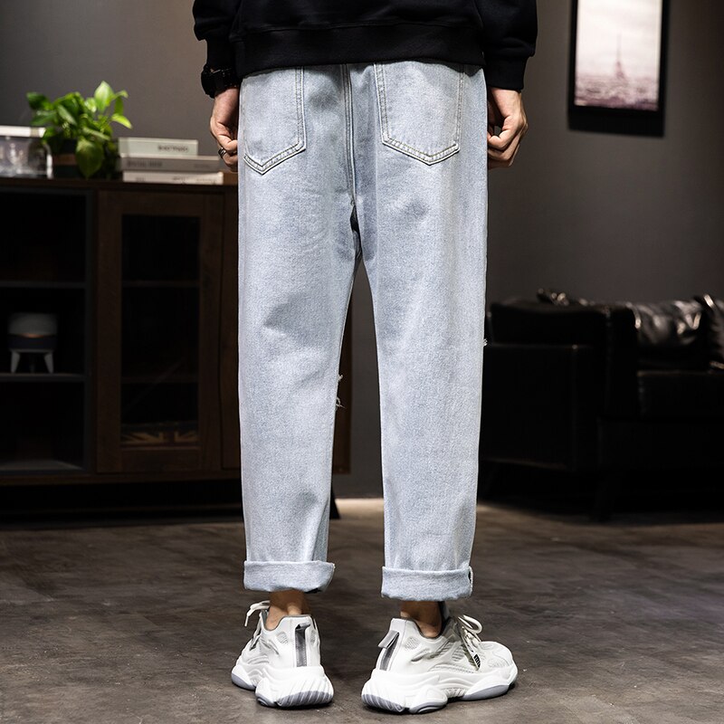 Pantalones vaqueros rasgados para hombre, pantalón de pierna ancha, corte recto, holgado, color azul claro, con agujeros rotos, ropa de calle, Hip Hop, longitud hasta el tobillo