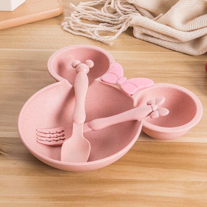 3 stk/sett baby tegneserie servise fat hvete bolle anti småroll barn middag mating mat tallerken barn trening bolle skje gaffel: Rosa sett