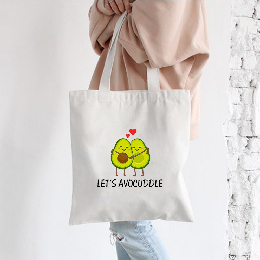 Cute Couple Avocado Print Large Capacity Canvas Tote Bag Cotton Cloth Reusable Shopping Bag Women Beach Handbags Shopping Bags: A215WHITE