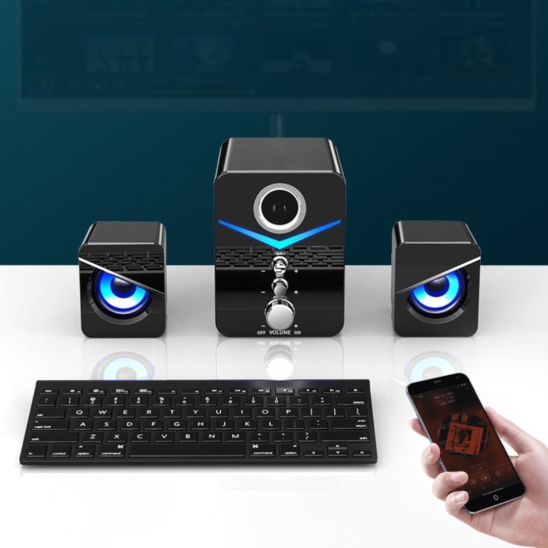 3Pcs Computer Speaker Blauwe Led Surround Sound Subwoofer Muziek Speaker Voor Laptop Pc Telefoon Stereo Bluetooth 5.0 Luidspreker