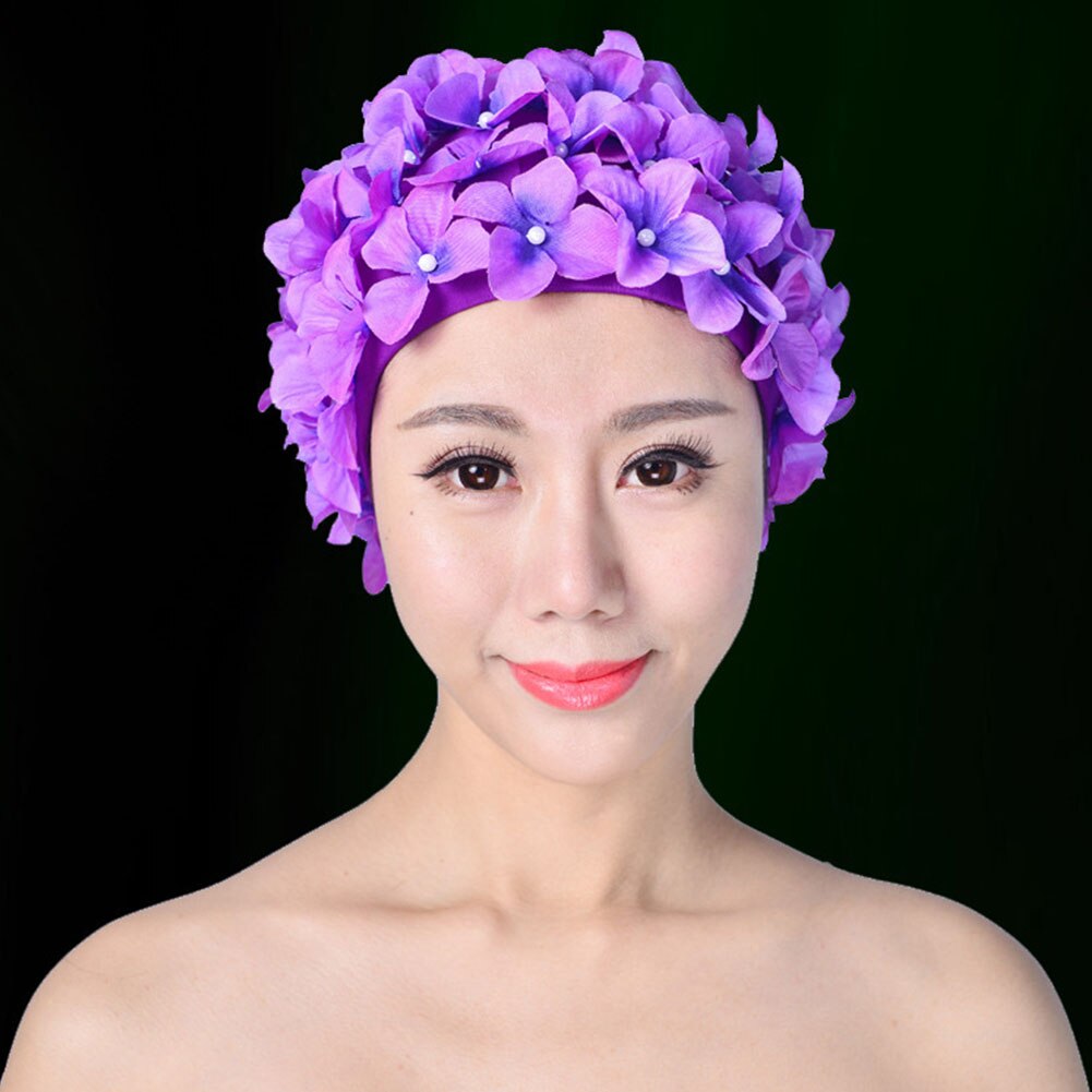 Kvinner badehette unik blomsterdykking strand myk beskyttelse vannsport fri størrelse langt hår solid elastisk håndlaget pustende