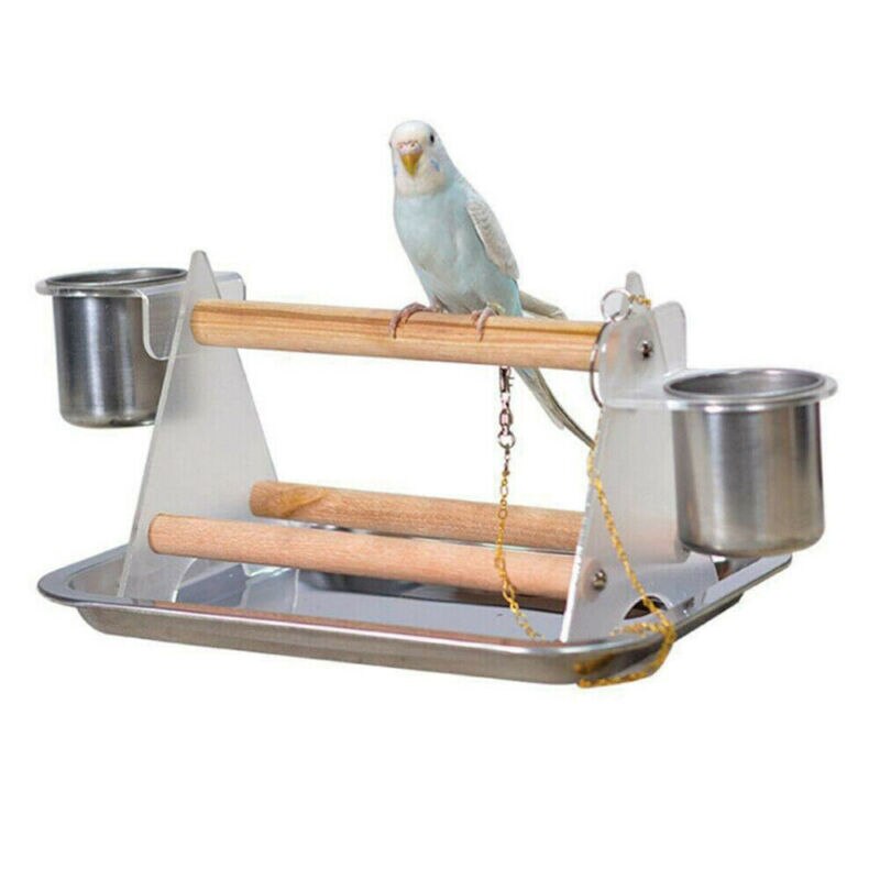 1x Birdcage Stands Parrot Bird Perch Table Top Stand Metal Wood 2 Cups Play Breeds(No Tray) 35x13x14cm