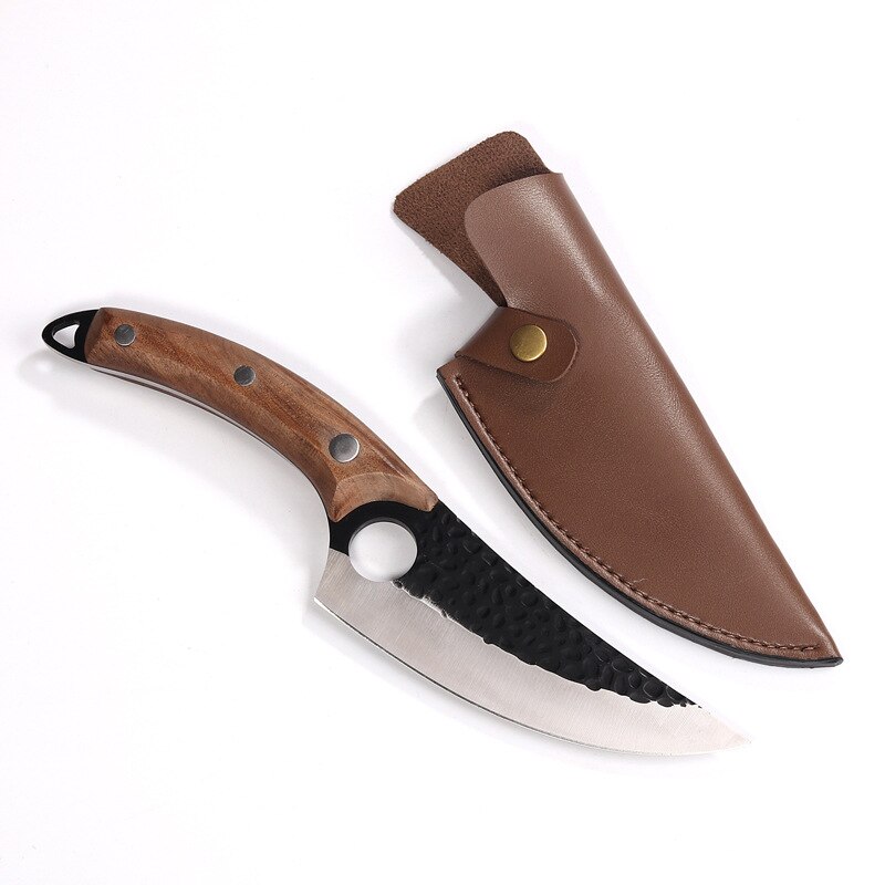 6 inch Boning Knife Handmade Forged Serbian Chef Knives Butcher Kitchen Knife Full Tang Handle Bone Cleaver with Knife Cover: brown and cover