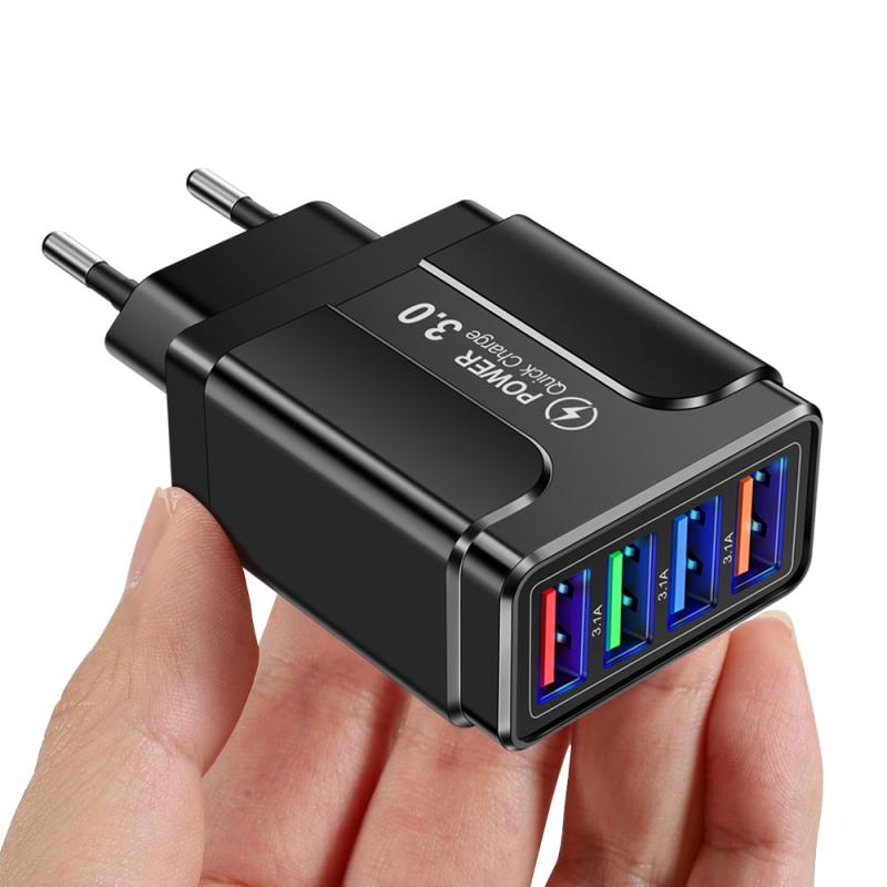 Mobiele Telefoon Reizen Opladen Hoofd Voor Iphone 12 Xiaomi Huawei Tablet Draagbare Eu/Us/Uk Plug 3.1A Vlinder 4 Usb Lader: black EU