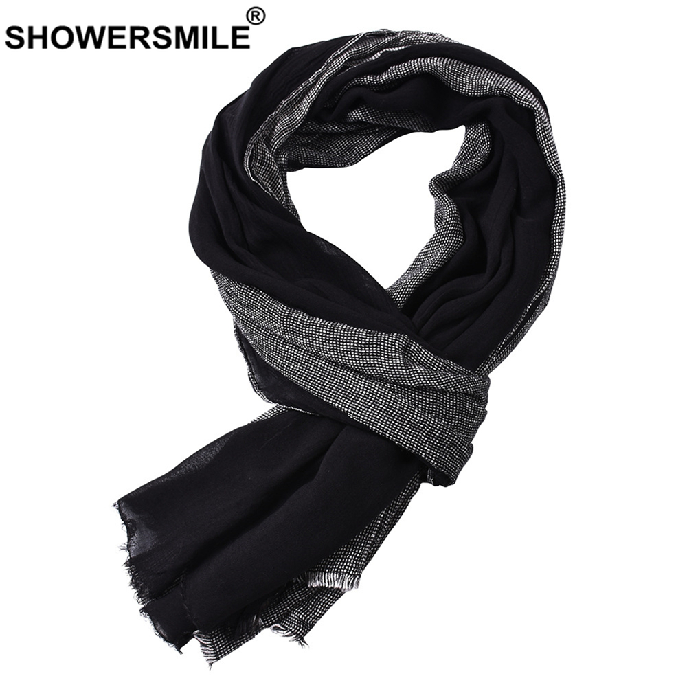 Black Cotton Linen Scarf Men Long Patchwork Scarf for Men Tassel Winter Mens Scarves Men&#39;s Accessories