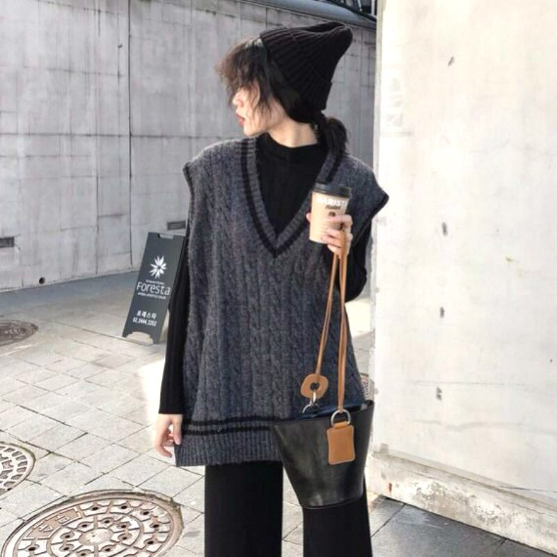 Twist-knitted Vest Women Preppy-style V-neck Sleeveless Korean Loose Leisure Sweaters Students All-match Streetwear Chic