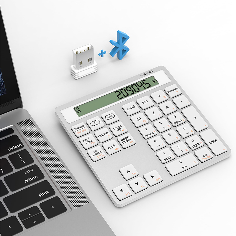 Ergonomiczna bezprzewodowa klawiatura numeryczna Bluetooth z podwójnym trybem i kalkulatorem wyświetlacza Przenośna bezprzewodowa klawiatura numeryczna 2 w 1 dla Win/Mac: Srebrny