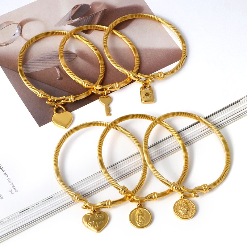 Stainless Steel Cable Wire Bracelets for Women Key Heart Virgin Mary Lock Round Tag Charm Bracelets & Bangle Gold Jewelry