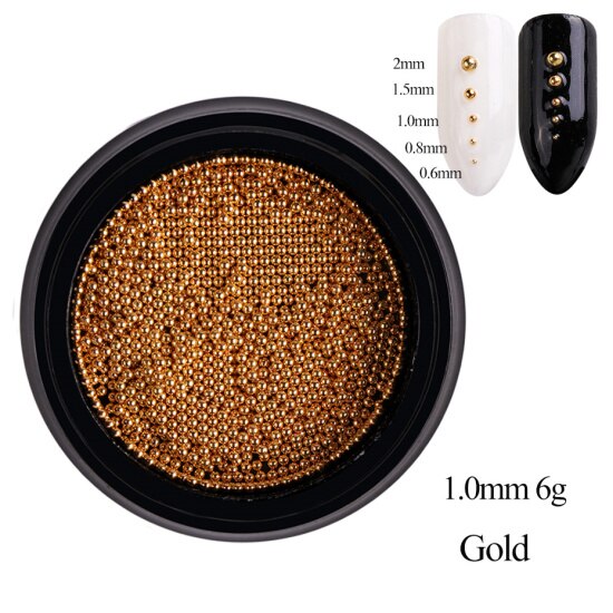 1 boîte de perles en acier Mini Caviar décoration d'ongle 0.6/0.8/1/1. 5/2mm point rond gris Rose or argent poussière Nail Art bricolage vernis à ongles CH031-1: Gold 1.0mm
