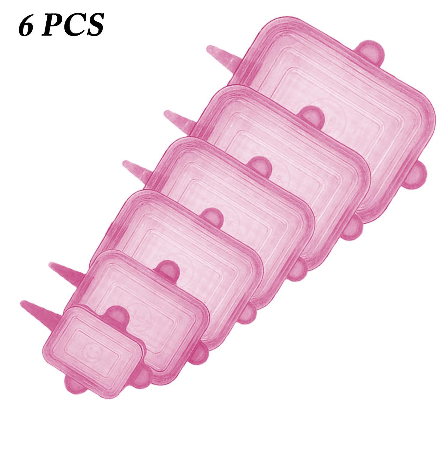 Tapas elásticas de silicona de 6 uds, tapas herméticas reutilizables para envolver alimentos, cubiertas para mantener el bol sellado fresco, cubiertas elásticas para envolver, utensilios de cocina: Pink Rectangle