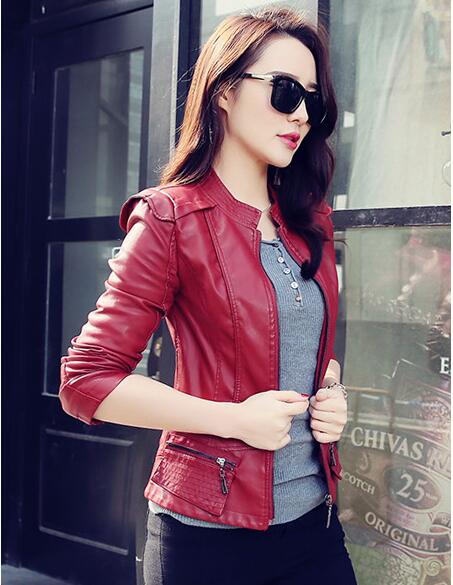 Autumn Women Short Leather Jackets Motor Coat PU Solid Casual Jackets Slim Stand Collar Streetwear Women: Red / XL