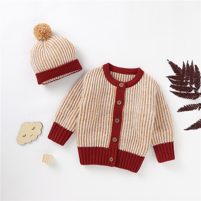 Baby Jongens Meisjes Gemengde Kleur Truien Casual Warme Herfst Winter Jas Lange Mouw Knoppen Gebreide Trui Top + Bal Caps pasgeboren Kids