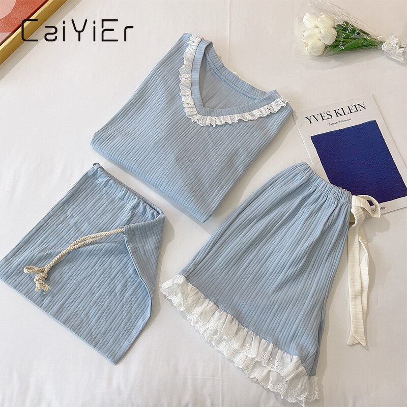 CAIYIER Summer Sweet Girl Lace Pajamas Set Cotton Pink Blue Short Sleeve Sleepwear Princess Style Ladies 3 Piece Nightwear