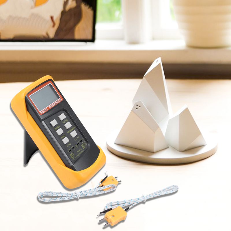 3 1/2 6802 II Dual Channel Digital Thermometer 1300°C 2372°F with 2 K-Type Thermocouple Sensor Probe Orange+Black