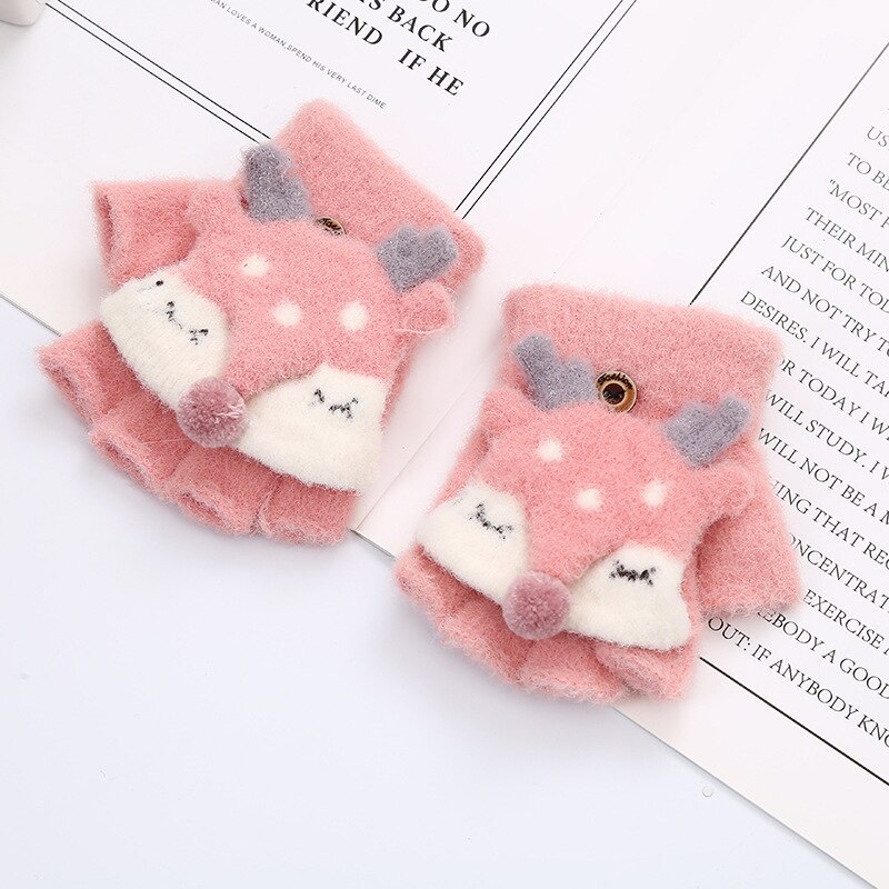 Winter Kinderen Jongens En Meisjes Baby Warm Herten Flip Half Vinger Warme Gebreide Wollen Handschoenen 2ST2: Light pink