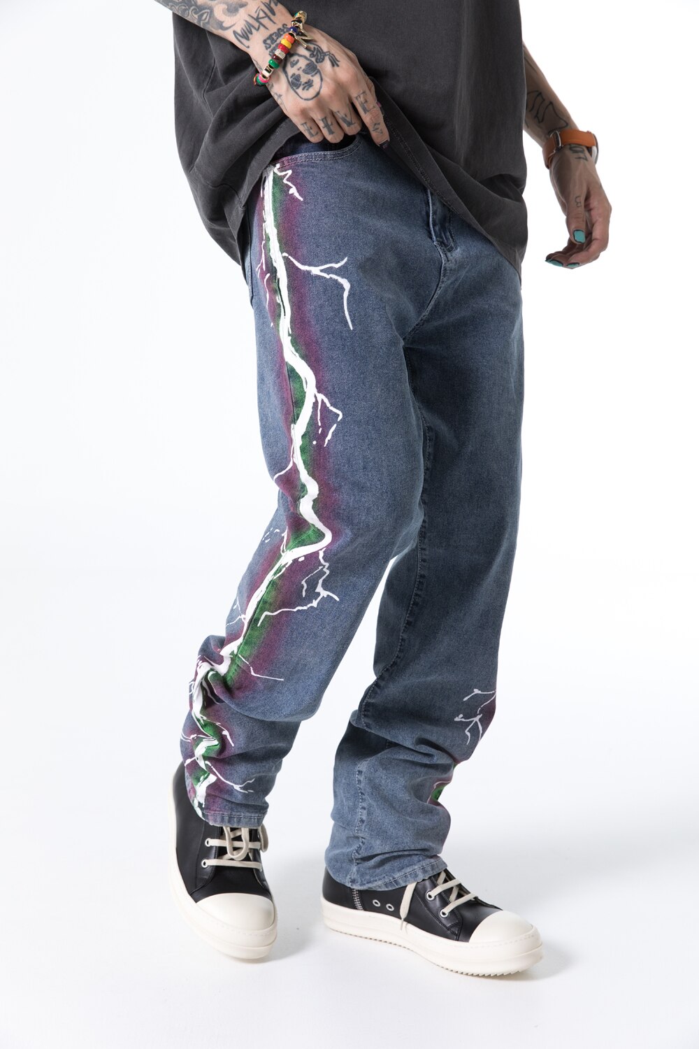 Tidesmec-pantalones vaqueros con estampado de rayos para hombre, ropa informal estilo Hip Hop, holgada,