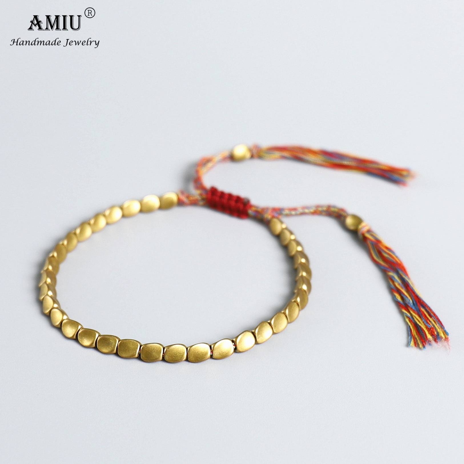 Pulseira de algodão feita à mão amiu, contas de cobre tibetanas, corda da da sorte, bracelete para mulheres e homens