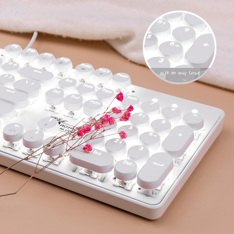 104 Keys Retro Steam Punk Gaming White Light Mechanical Keyboard Round Keycap LED Illuminate Glowing Backlight USB Wired Gamer