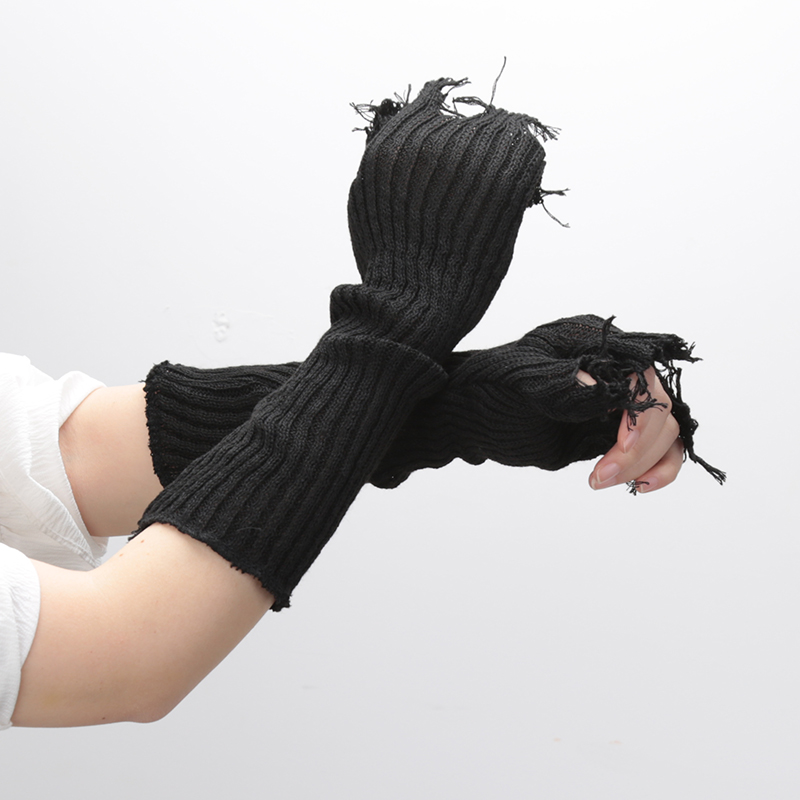 1 par de guantes negros Punk Unisex sin dedos guantes de punto mujeres hombres hasta el codo mitones roto estiramiento guantes calentadores de brazo: Negro