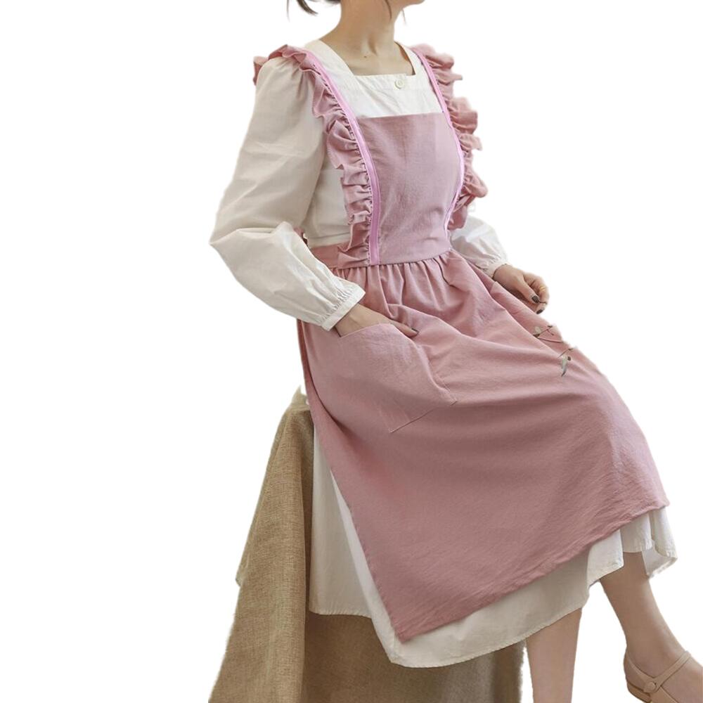 Washed Cotton Linen Kitchen Apron For Cooking Baking Flower Shop Ruffles Work Clean Apron for Woman Uniform Lady Dress