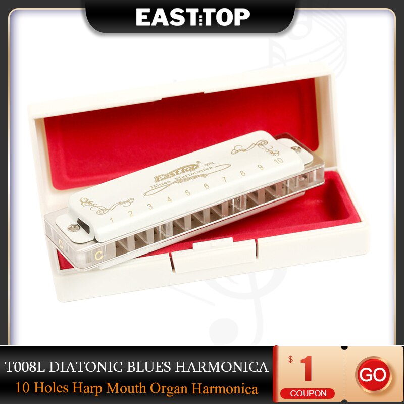 EASTTOP T008L Diatonic Blues Harmonica Key of D 10 Holes Harp Mouth Organ Harmonica with White Cover for Adults Professionals