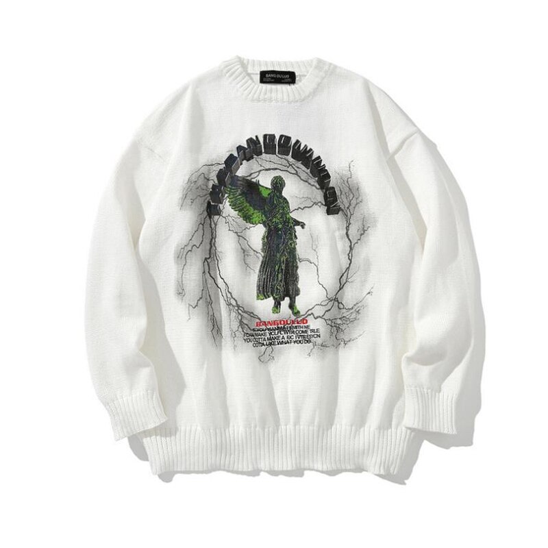 Herfst- en wintertrui voor heren, ronde hals, originele high street donkere graffiti engel print trui: Wit / Xxl