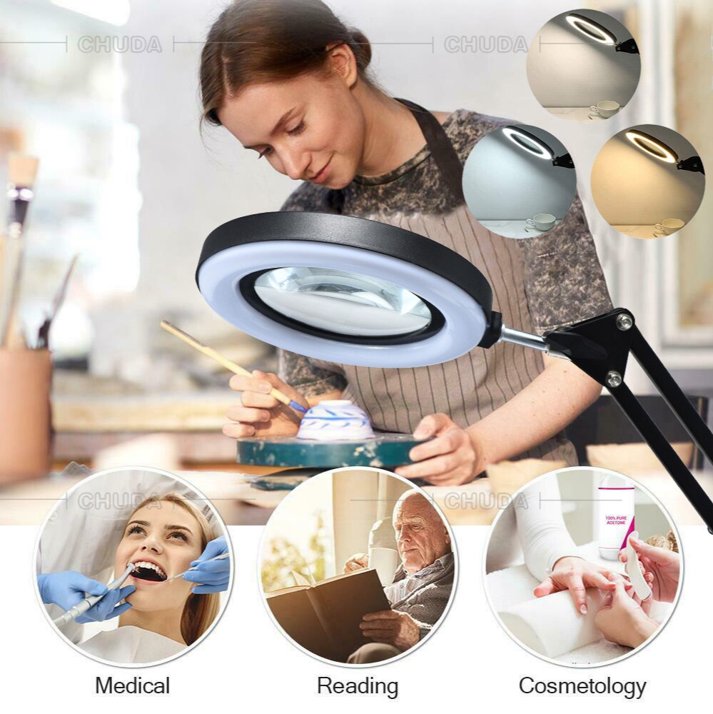 Flexible USB 3 Colors Lamp Magnifier Clip-on Table Top Desk LED Reading Large Lens Illuminated Magnifying Glass Desk Lamp