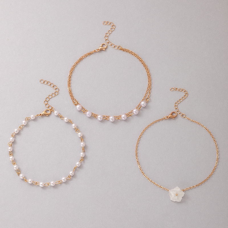 Tocona Mooie Witte Bloemen Enkelband Voor Vrouwen Elegante Parel Steen Kralen Voet Ketting Goud Legering Metalen Sieraden 3 Stks/sets 20850