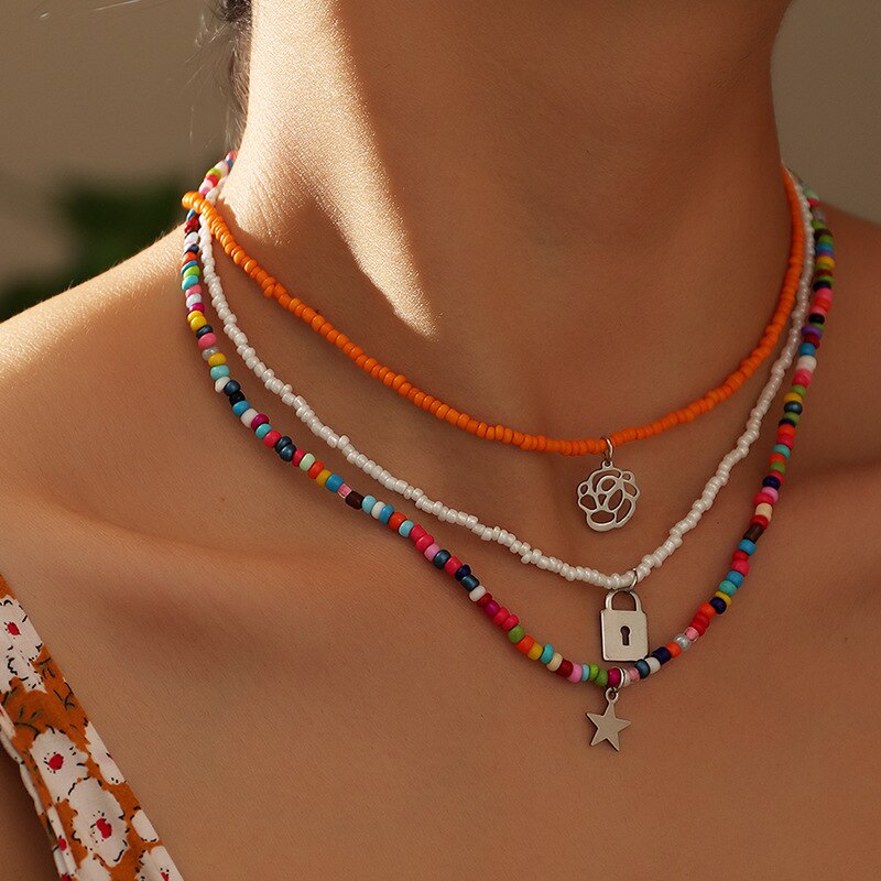 Bohemian Multilayer Zaad Kraal Ster Maan Vlinder Hanger Ketting Voor Vrouwen Mode Strand Eenvoudige Lock Choker Kraag