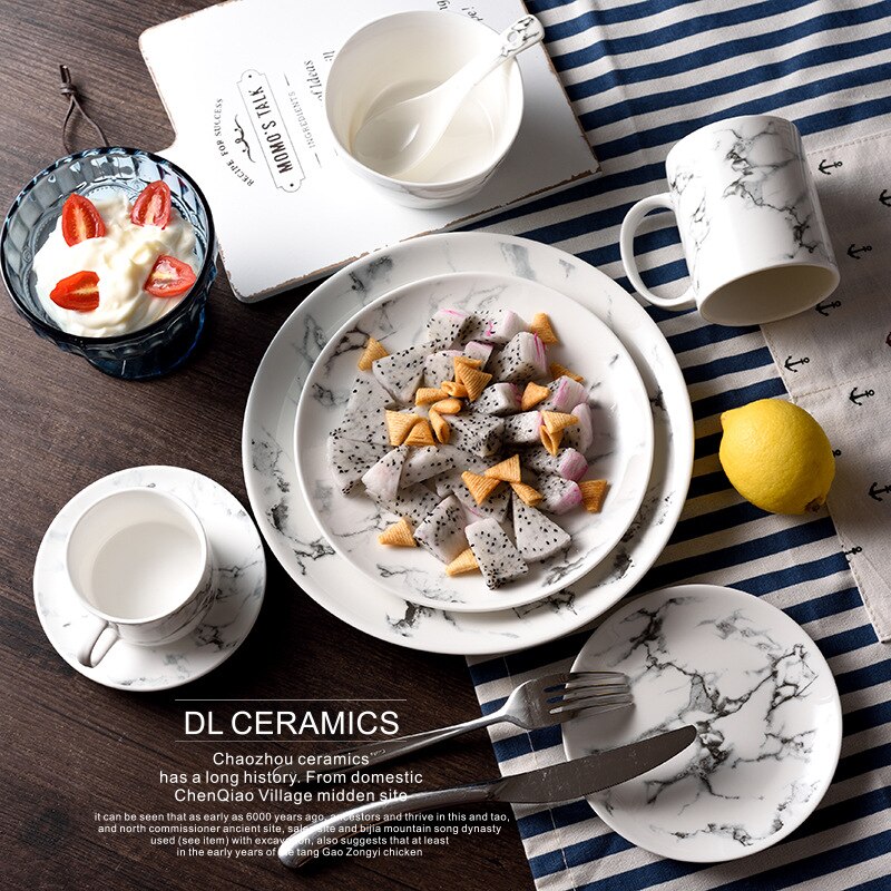 Nordic Marble Ceramic Plate Round Dinner Dessert Fruit Dishes Steak Cake Sandwiches Dishes Microwave Ovens Safe Dinnerware Set
