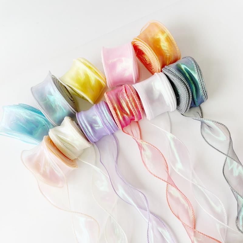 Cinta de Organza de seda con borde ondulado de arcoíris, Material de lazo, cintas de encaje, adorno para el pelo, tela de costura, decoración de ropa, 4CM/10 yardas