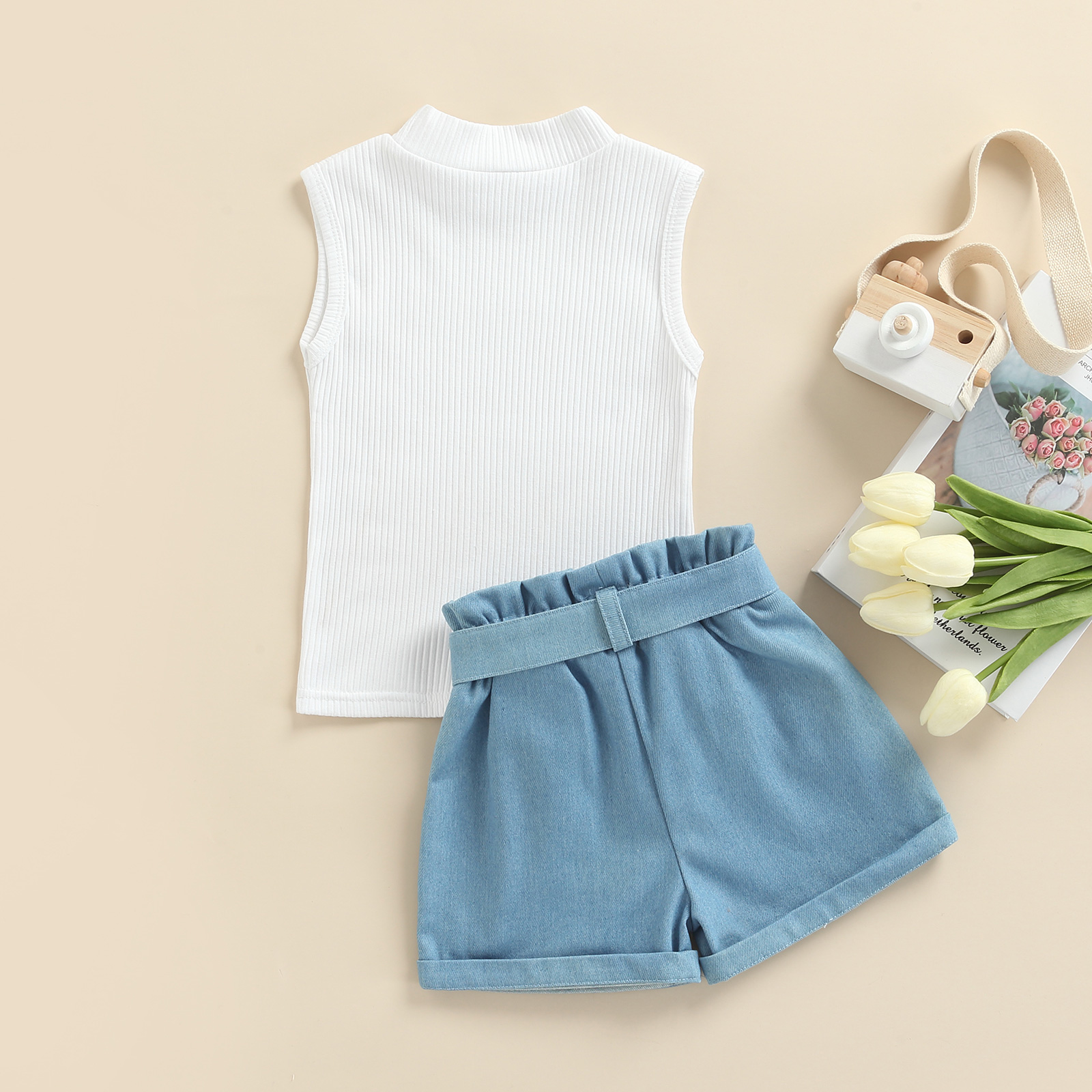 Peuter Baby Meisje Kleding Set Effen Kleur Mouwloze Geribbelde Gebreide Tops + Denim Shorts 2 Stuks Outfits Zomer Kid Kleding