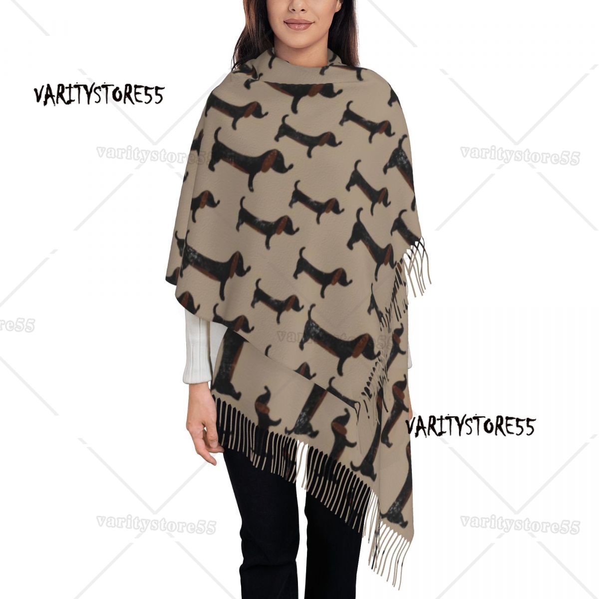 Doxie Florals Dachshund Scarves Women Winter Fall Soft Warm Tassel Shawl Wraps Badger Sausage Dog Scarf: Ivory