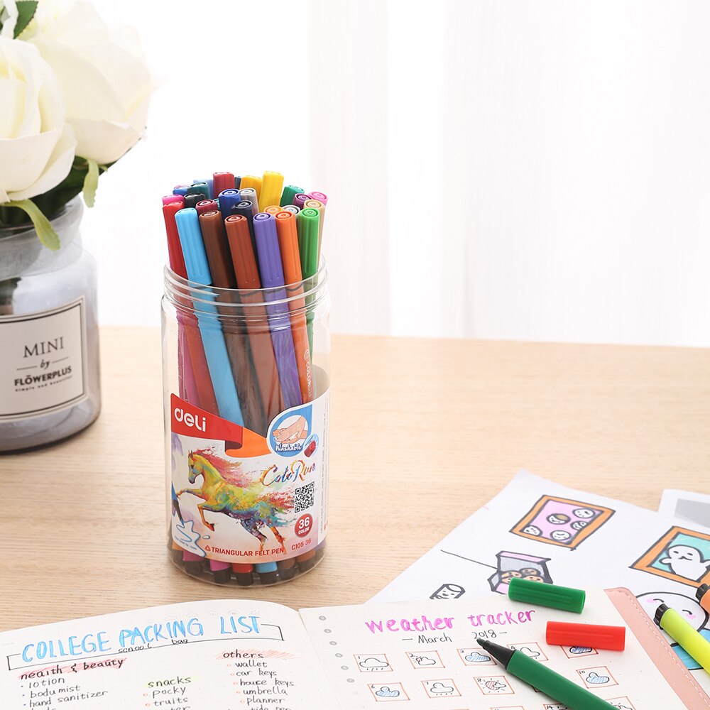 Deli – stylo marqueur en feutre lavable EC105, 12/18/24 /36 couleurs, marqueurs en Fiber, Fineliners, croquis, dessin, peinture artistique, fournitures scolaires