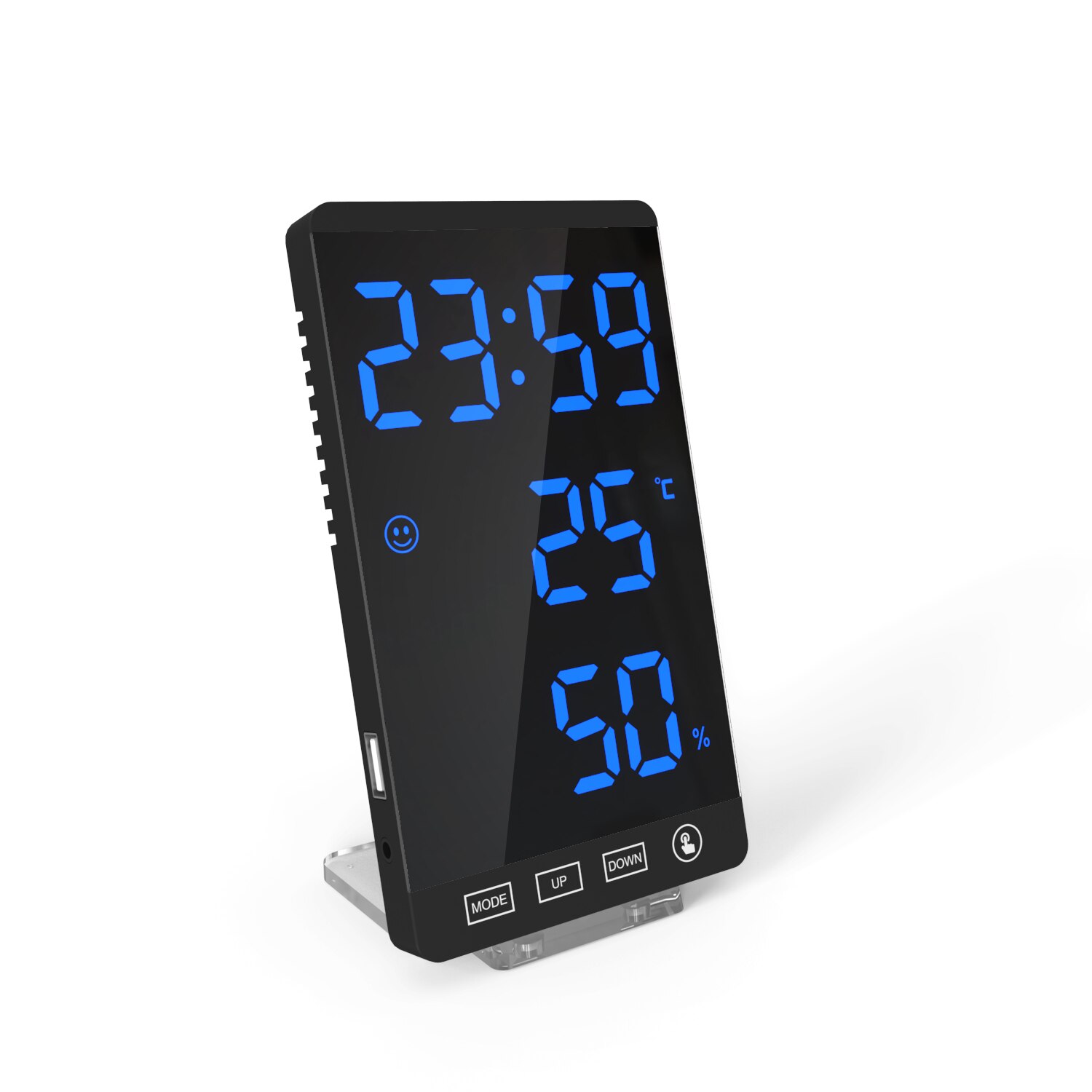 Touch screen LED digital alarm clock with with temperature and humidity meter 12/24 hours switch Dimmable clock: Blue