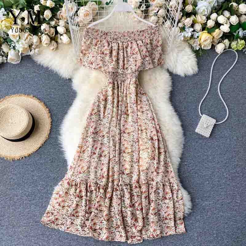 Yuoomuoo Bohemian Zomer Off Shoulder Bloemenprint Jurk Vrouwen Elegante Ruches Chiffon Lange Jurk Boho Mode Strand Jurk: Beige