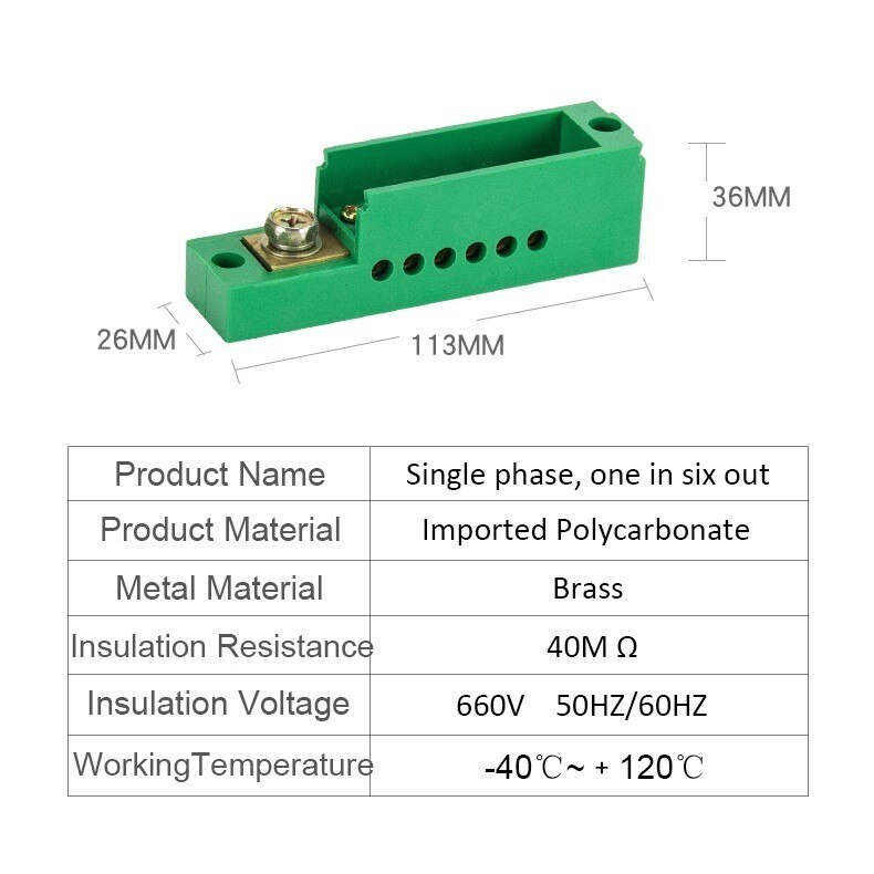 Terminal Block Green One-In Six-Out Zero Line Meter Box Connection Distribution Box Terminal Row Single Phase 660V