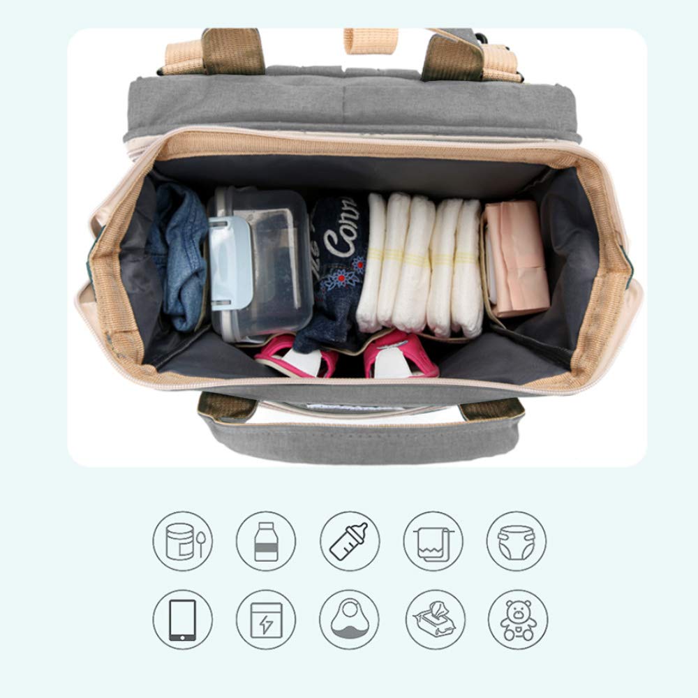 Bolsa de pañales 3 en 1, mochila con cuna plegable automática, portátil, impermeable, de gran capacidad, con puerto USB