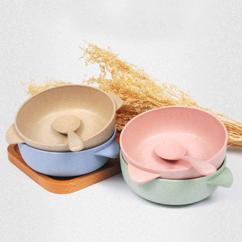 2pcs Baby Feeding Tableware Set Eco-Friendly Wheat Straw Infant Plate Children Dish Dinnerware Kids Anti Training Bowl+Spoon