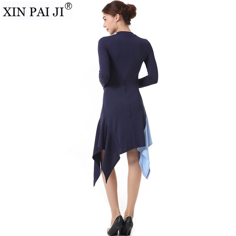 Spring Dress Round Neck Patchwork Color Women Casual Long Sleeve Irregular Slim Knitted Dress