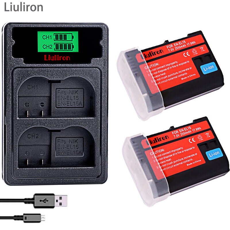 Batterie pour Nikon D500,D600,D610,D750,D7000,D7100,D7200,D800,D800E,D810,D810A v1, 2X EN EL15 EN-EL15 EN EL 15 EN EL15A: charger and 2battery