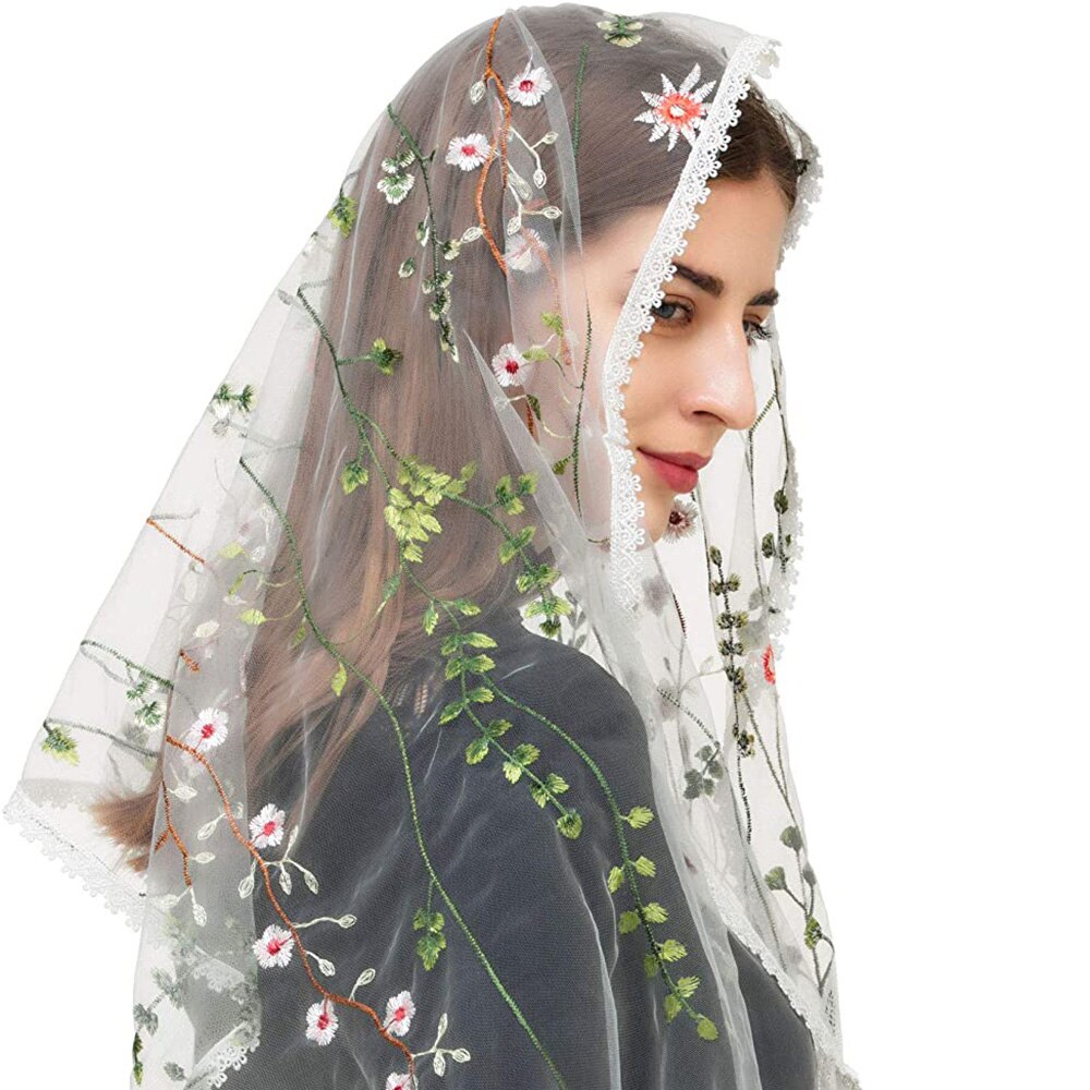 Della signora Rettangolare Fiori Mantiglia Velo Delle Donne Pizzo Floreale Cappella Velo Dell'involucro Della Sciarpa Latino Testa di Massa Che Copre Scialli per la Sposa